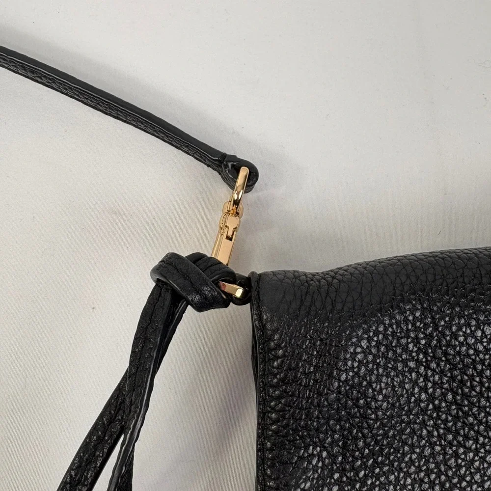 Tory Burch Thea Messenger Bag Black Pebbled Leather Tassel Crossbody Gold Logo